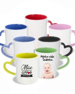 Caneca Cerâmica com Alça Coração e Interior Colorido – 325ml